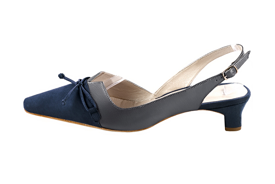Dress slingback bow heels in navy blue and dove grey leather with kitten heels and tapered toe - Profile view